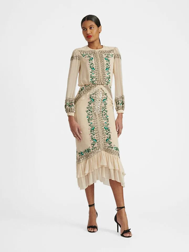 Isa Silk B Dress in Cream Garden Embroidery