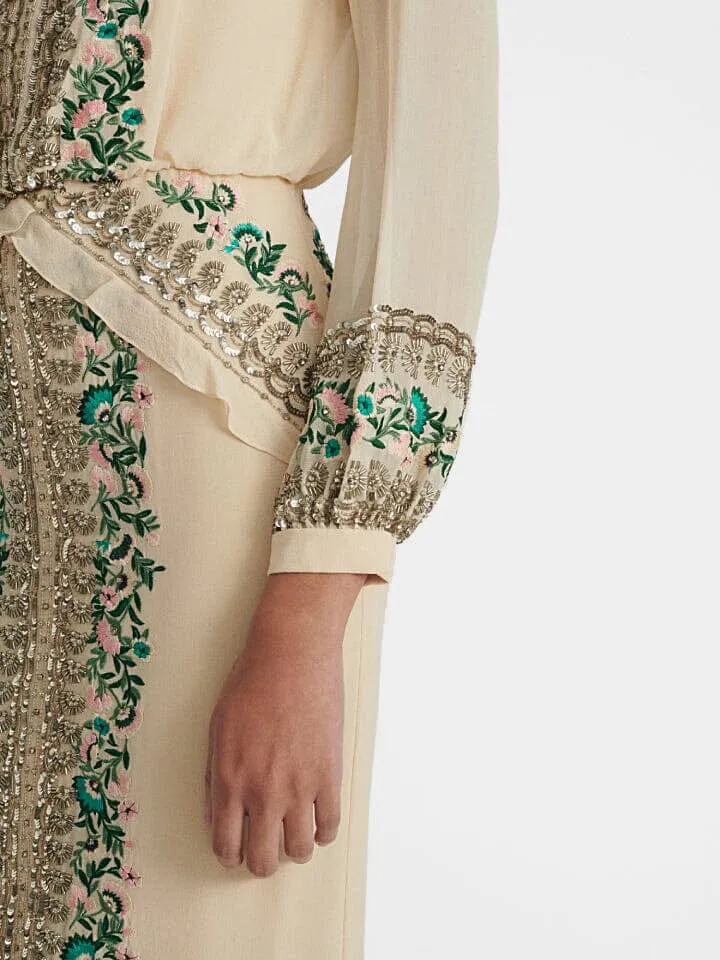 Isa Silk B Dress in Cream Garden Embroidery