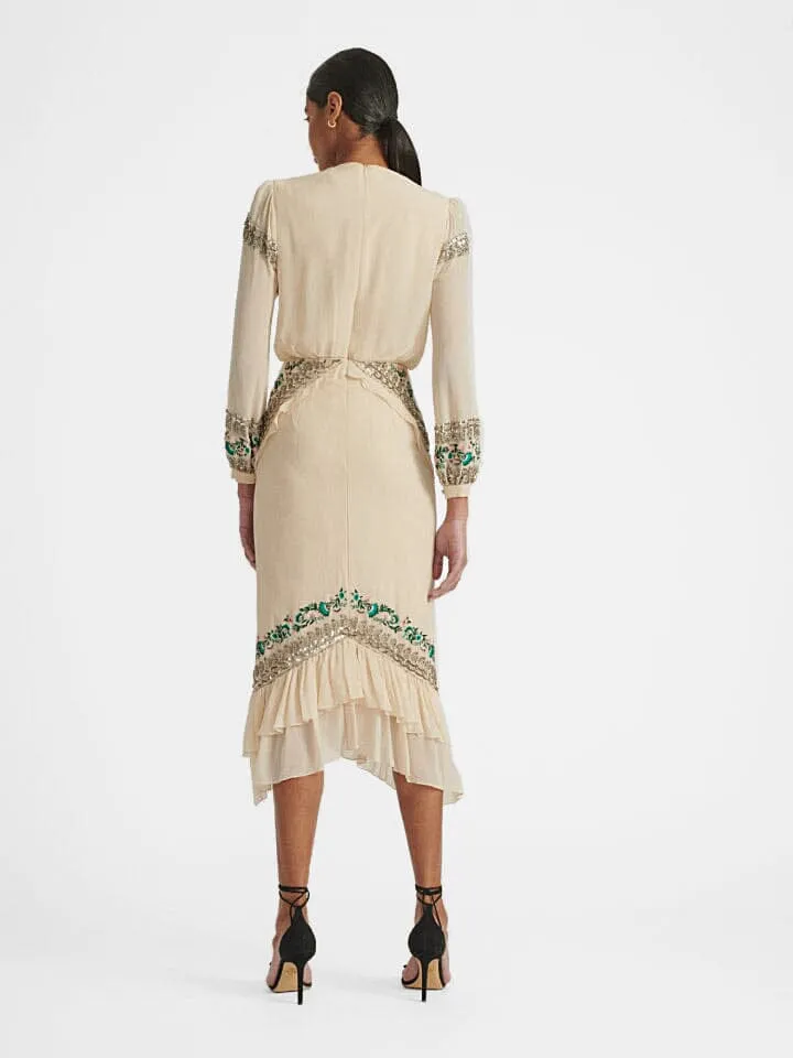 Isa Silk B Dress in Cream Garden Embroidery