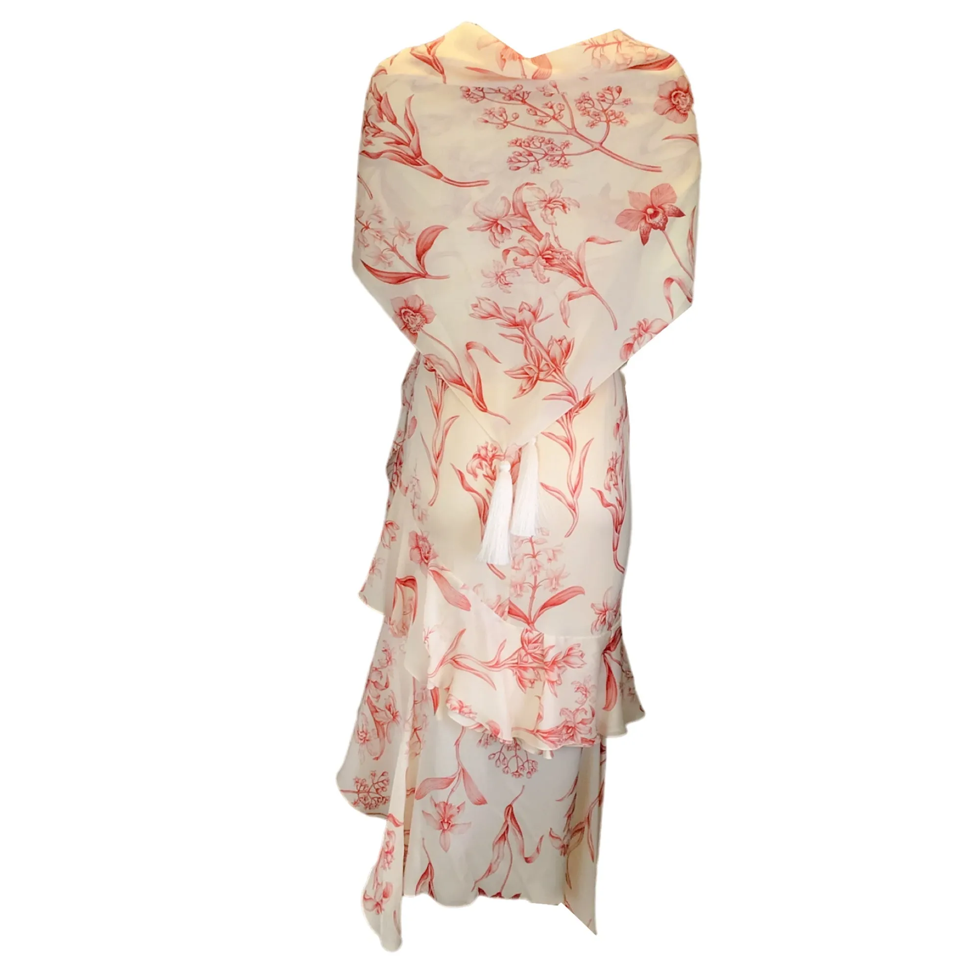 Johanna Ortiz Ivory / Red Floral Printed One Shoulder Silk Midi Dress