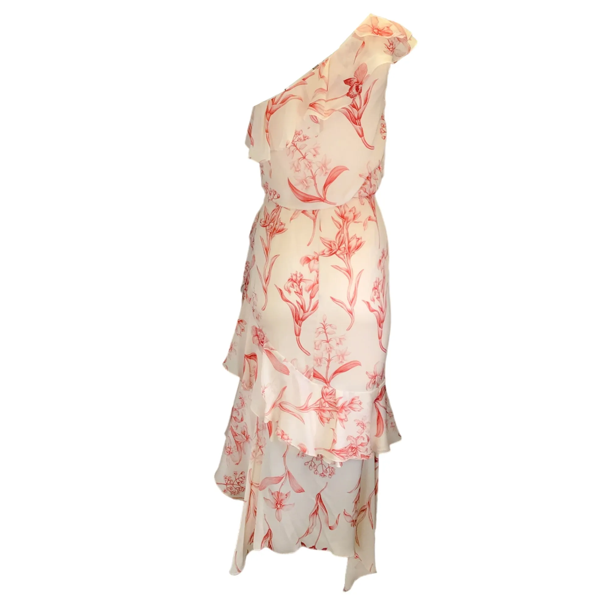 Johanna Ortiz Ivory / Red Floral Printed One Shoulder Silk Midi Dress