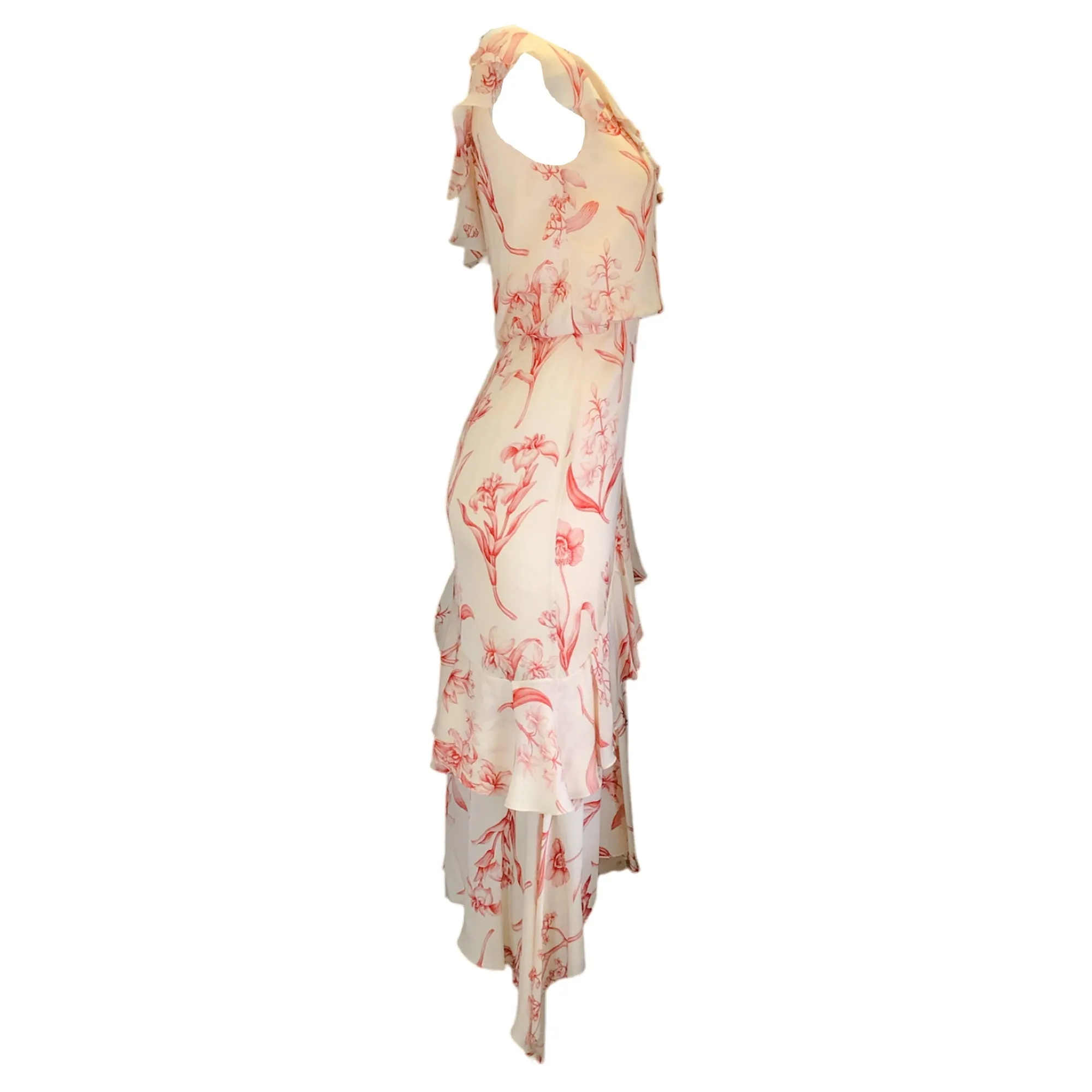 Johanna Ortiz Ivory / Red Floral Printed One Shoulder Silk Midi Dress