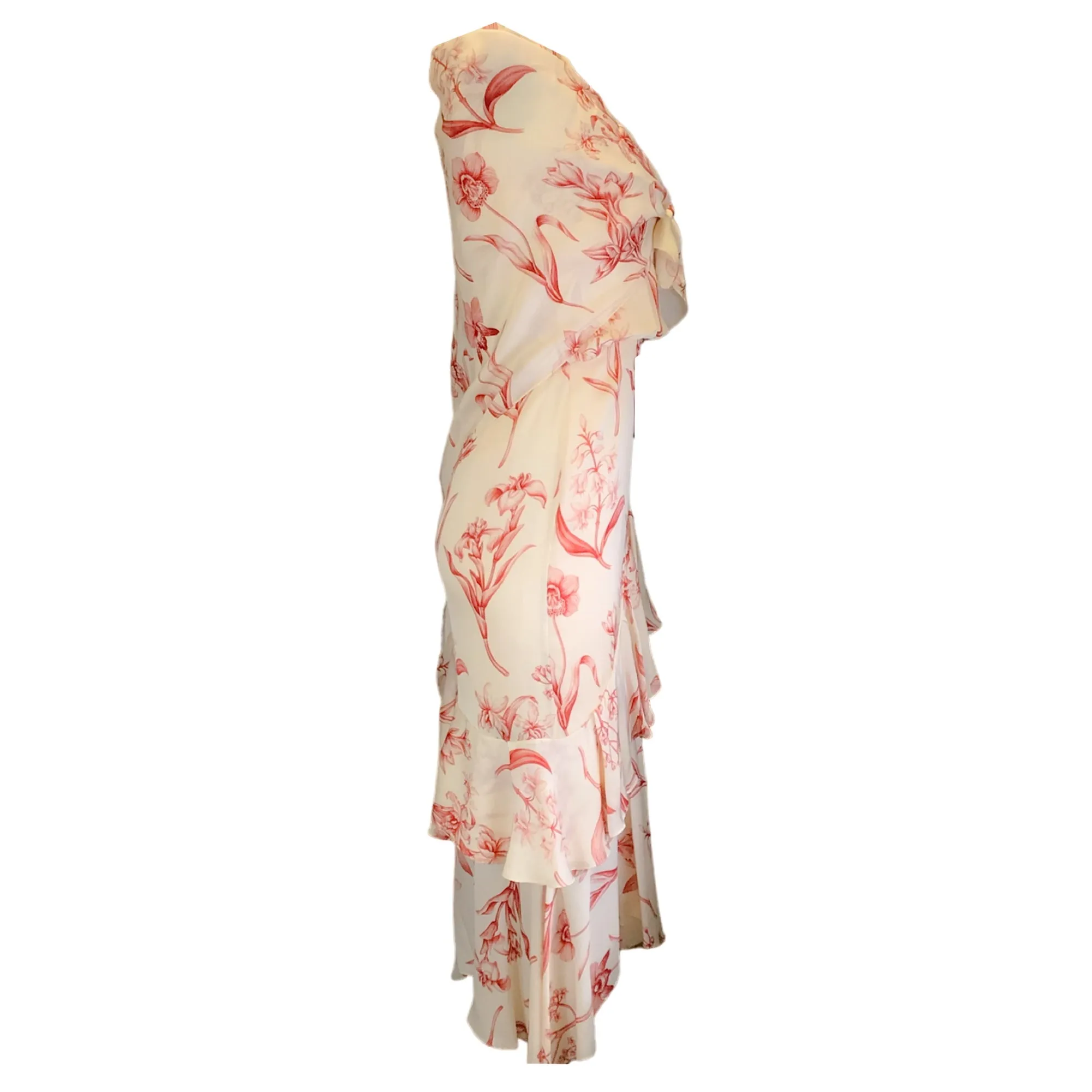 Johanna Ortiz Ivory / Red Floral Printed One Shoulder Silk Midi Dress