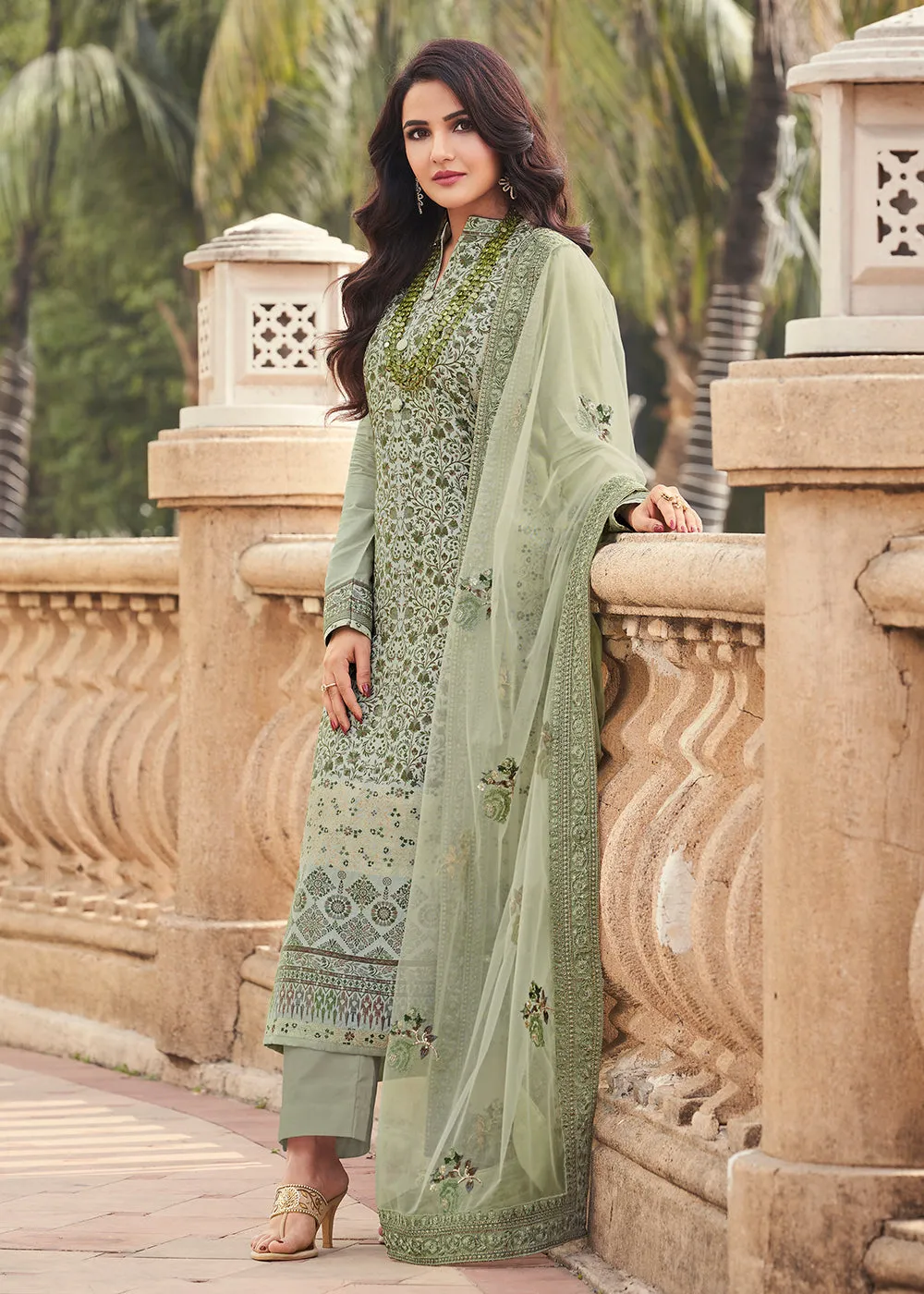 Light Green Viscose Jacquard Pant Style Salwar Kurta Set