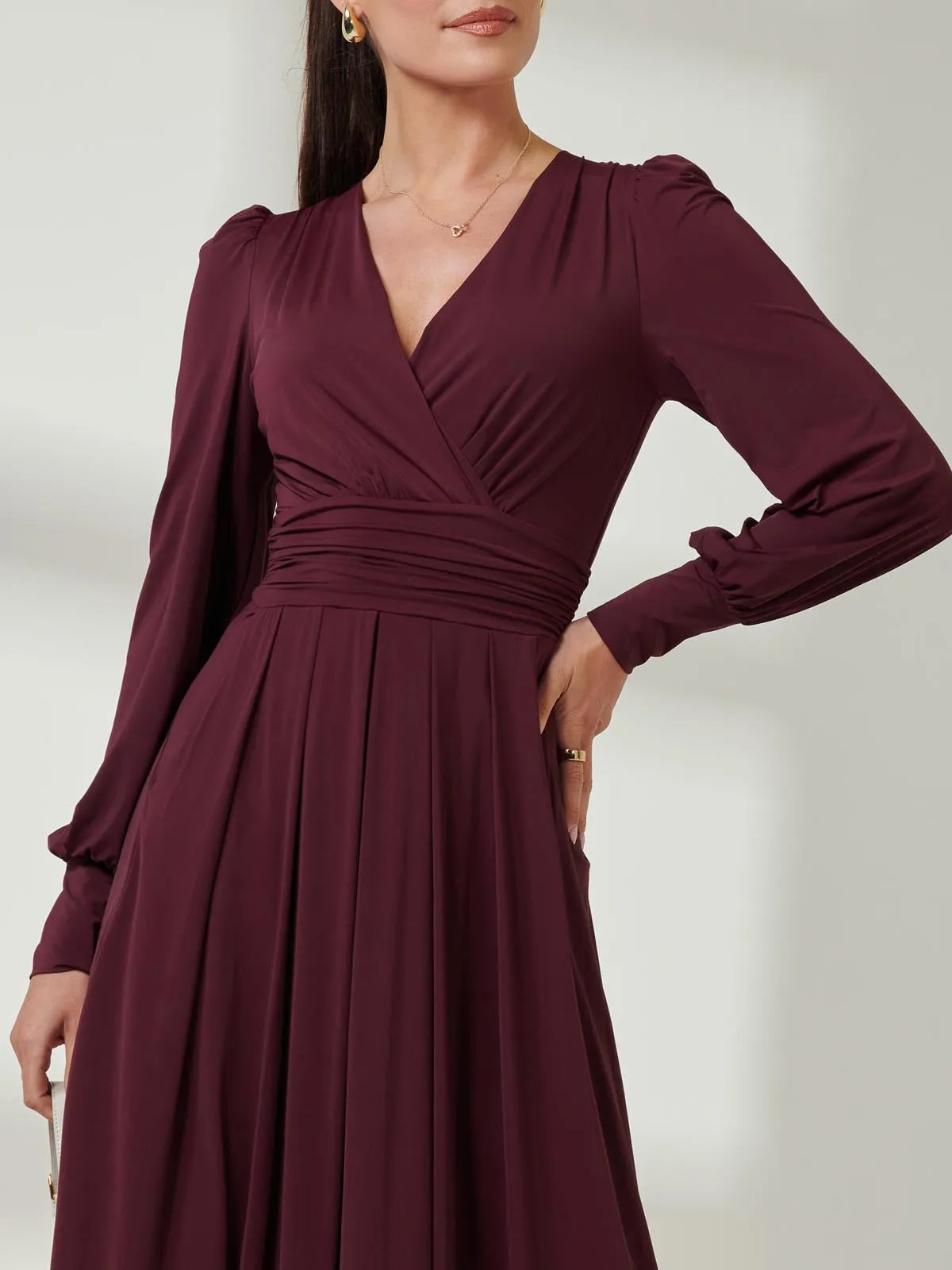 Long Sleeve Soft Silky Jersey Maxi Dress, Burgundy