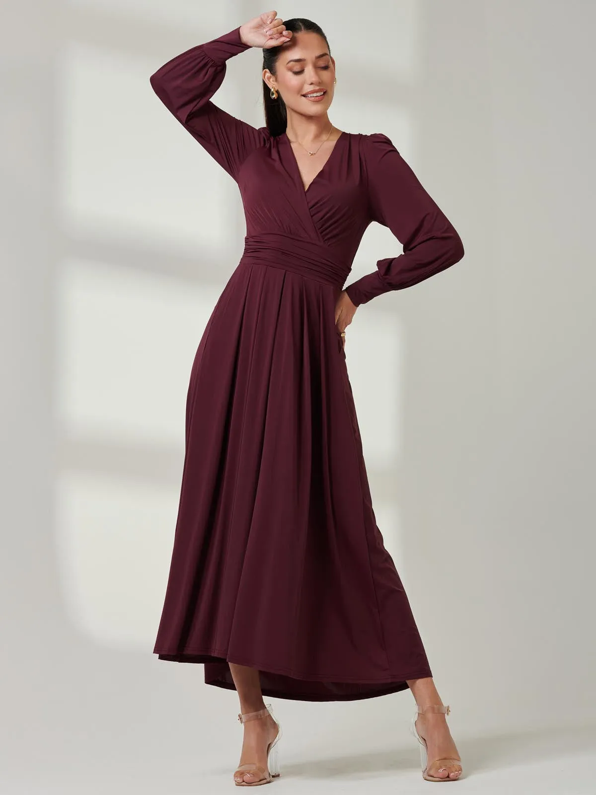 Long Sleeve Soft Silky Jersey Maxi Dress, Burgundy