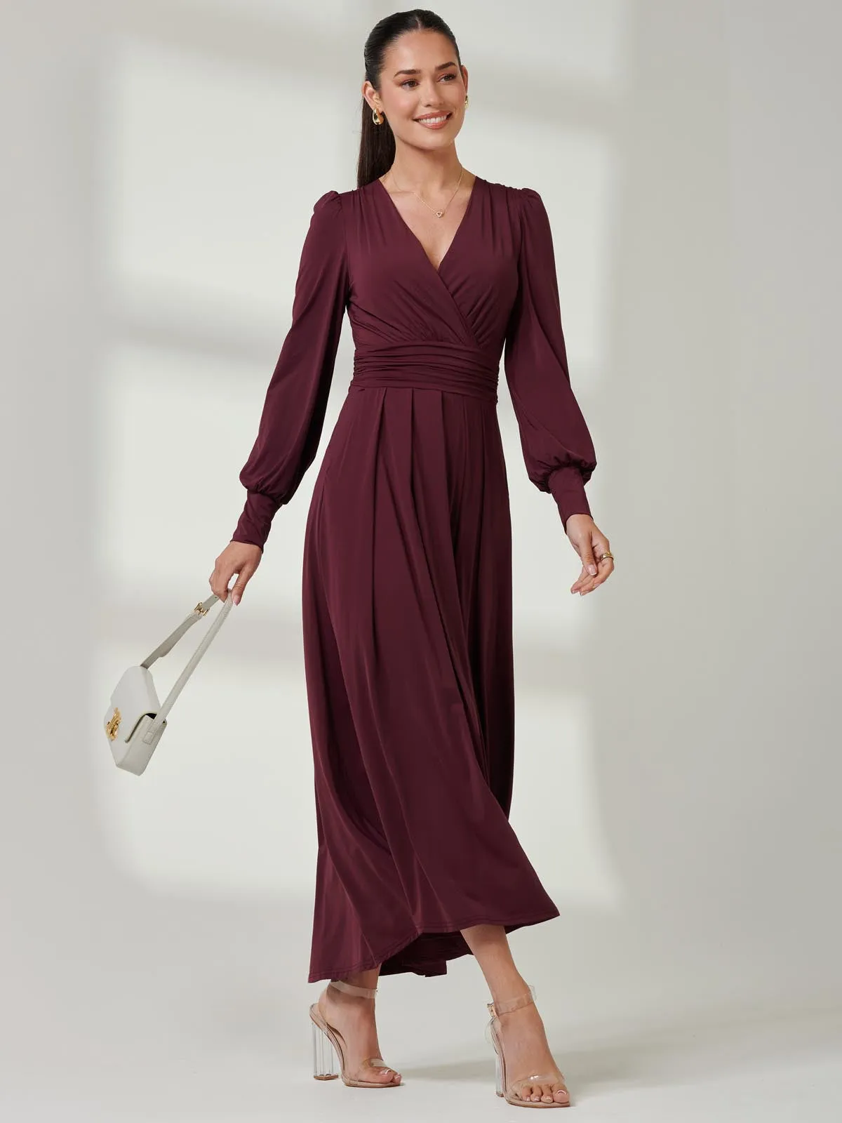 Long Sleeve Soft Silky Jersey Maxi Dress, Burgundy