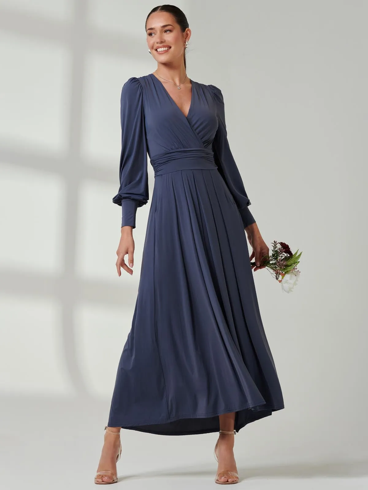 Long Sleeve Super Soft Jersey Maxi Dress, Steel Blue