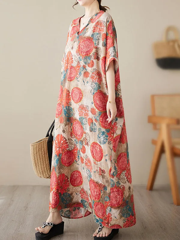 Loose Short Sleeves Printed V-Neck Maxi Dresses