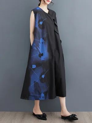 Loose Sleeveless Printed Round-Neck Midi Dresses