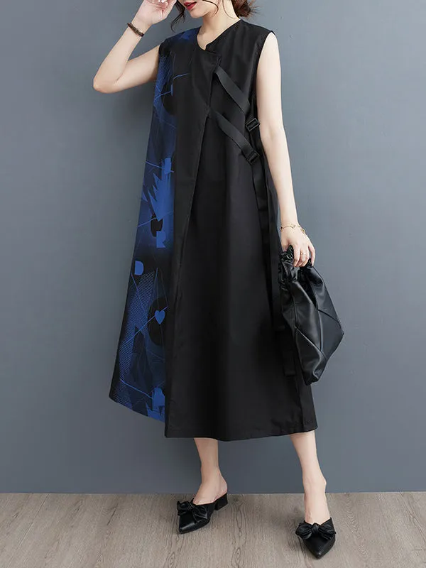 Loose Sleeveless Printed Round-Neck Midi Dresses