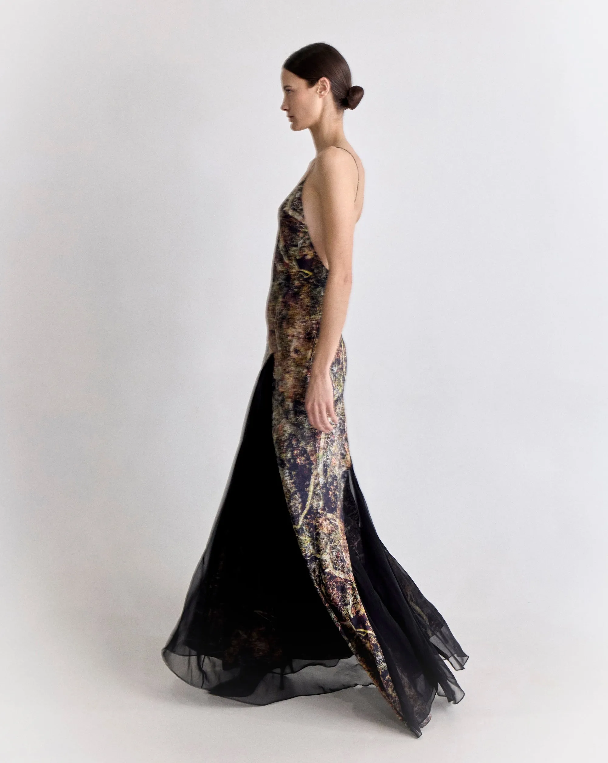 Low Back Silk Gown with Godets in Black Tree Print