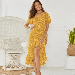 Maxi Floral Print Ruffles Wrap CV-Neck Split Sexy  Dress