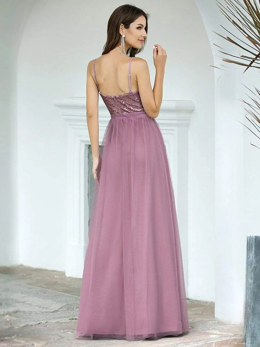 Maxi Long Spaghetti Strap Prom Dress for Women with Sequin