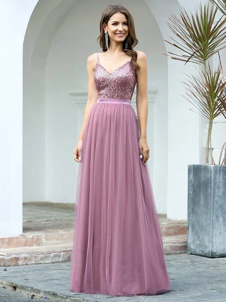 Maxi Long Spaghetti Strap Prom Dress for Women with Sequin