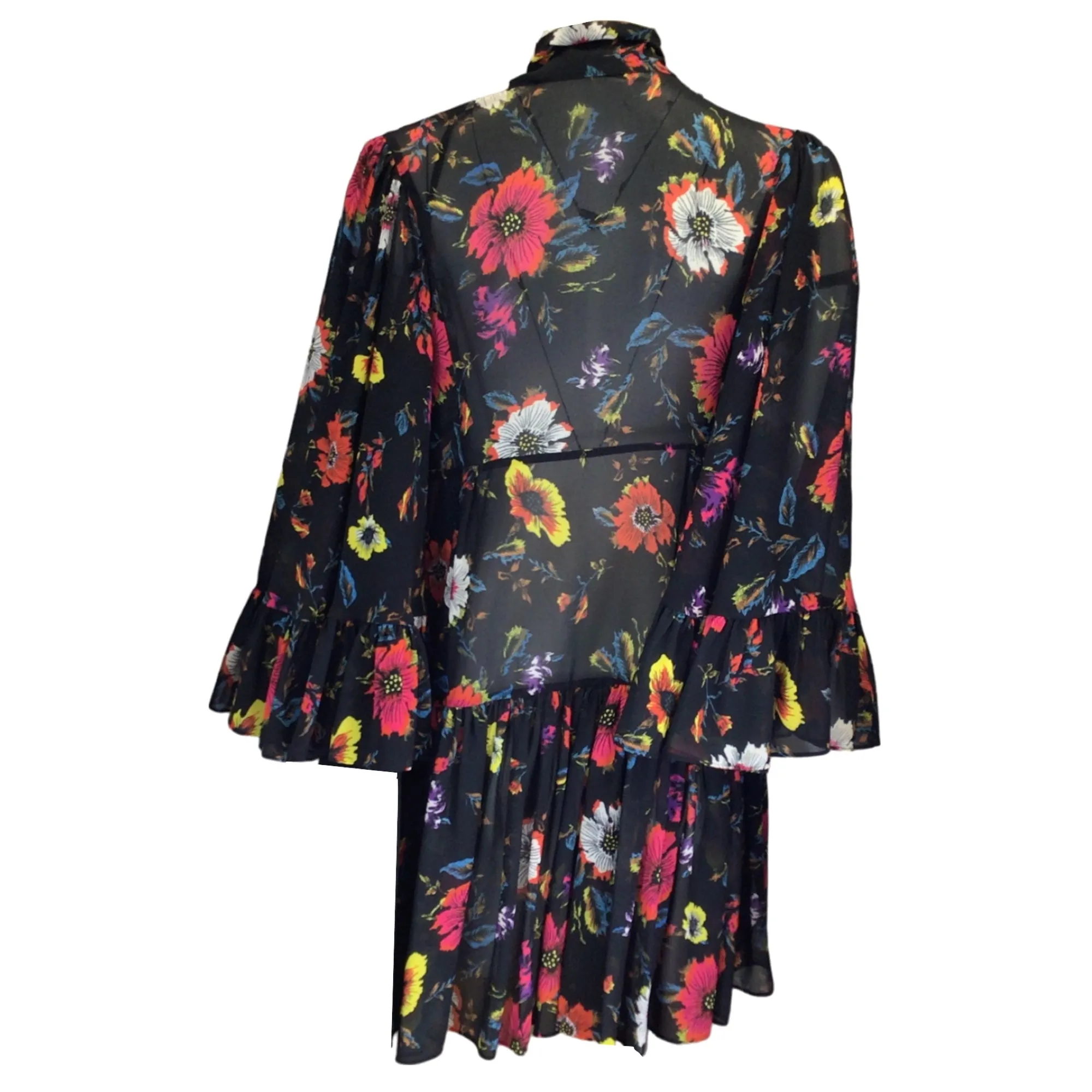 McQ by Alexander McQueen Black Multi Floral Printed Tie-Neck Ruffled Silk Dress