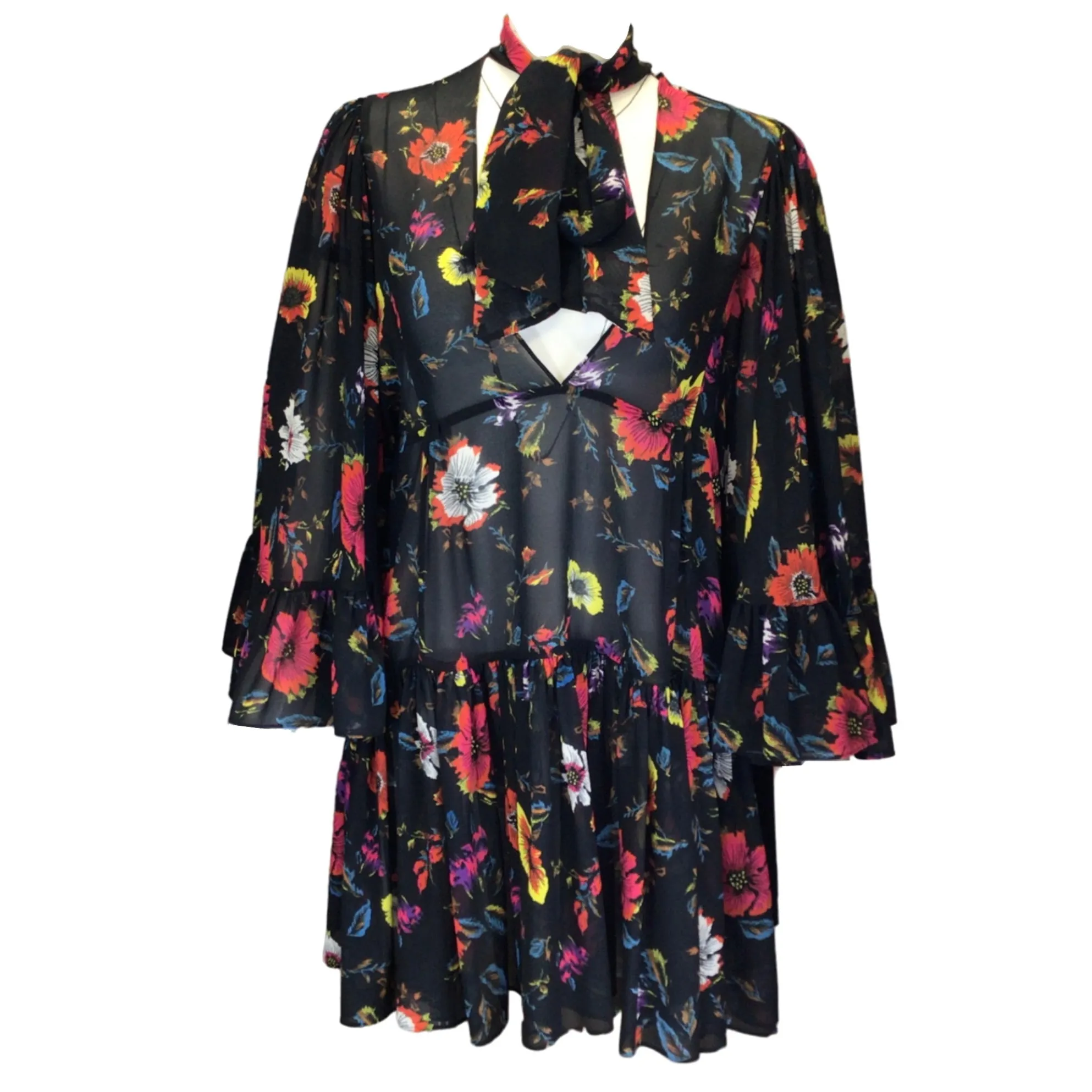 McQ by Alexander McQueen Black Multi Floral Printed Tie-Neck Ruffled Silk Dress