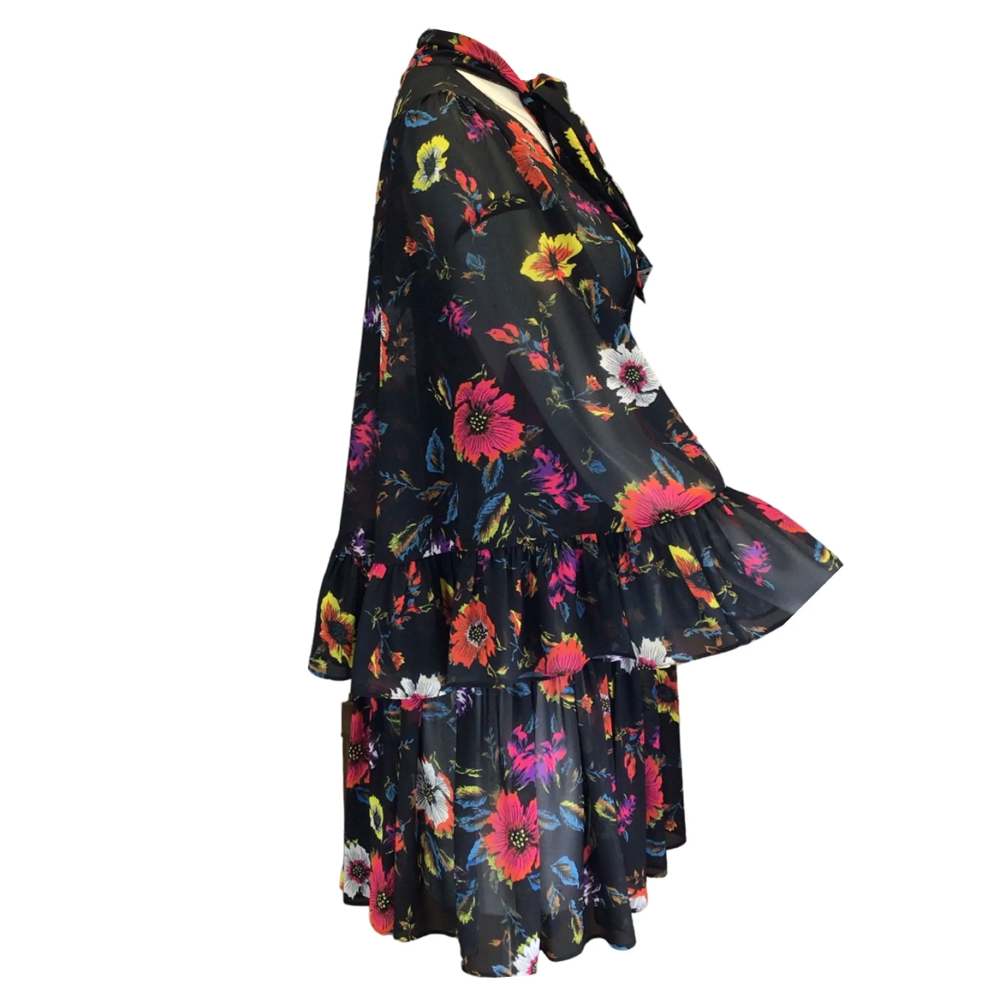 McQ by Alexander McQueen Black Multi Floral Printed Tie-Neck Ruffled Silk Dress