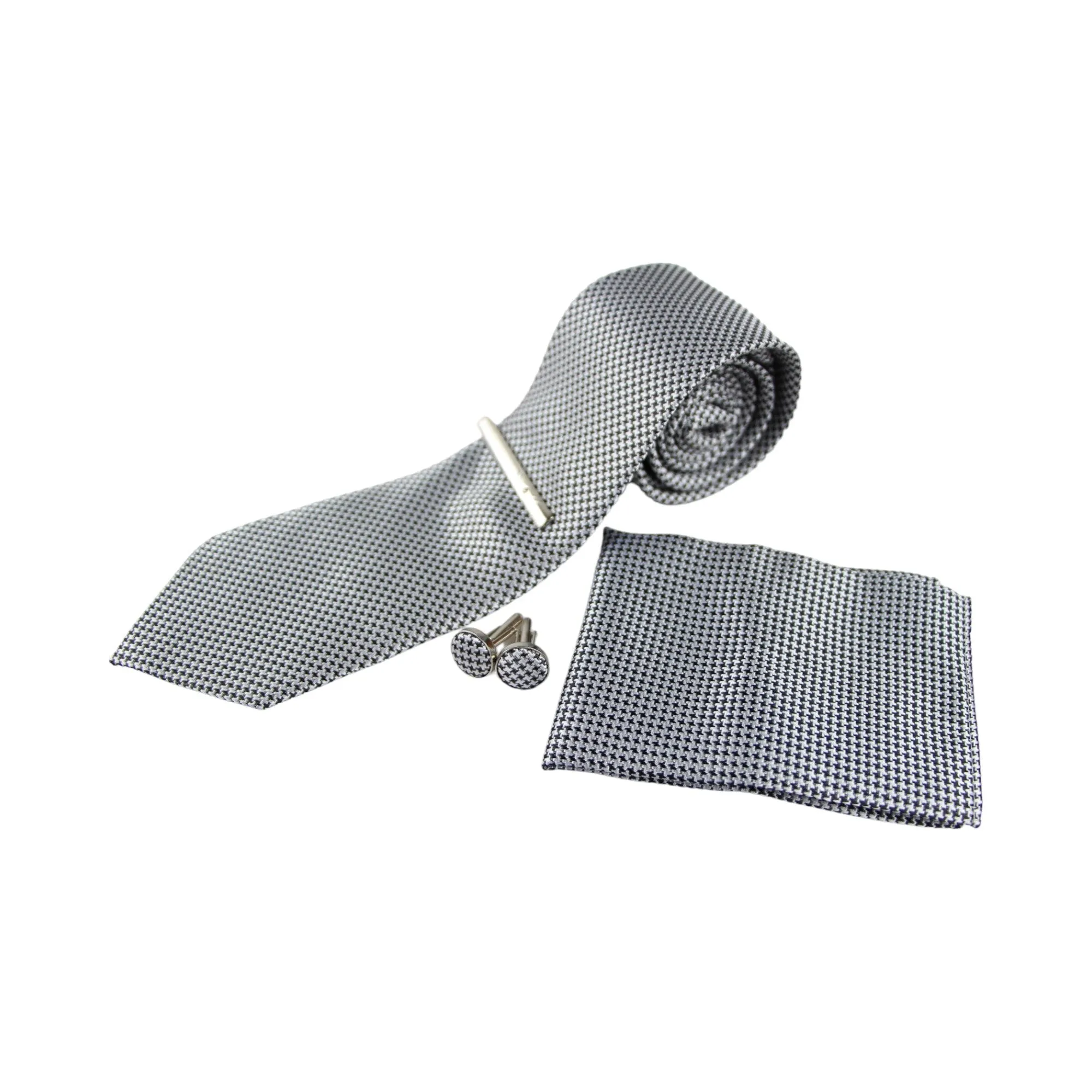 Mens Gunmetal & White Houndstooth Matching Neck Tie, Pocket Square, Cuff Links And Tie Clip Set