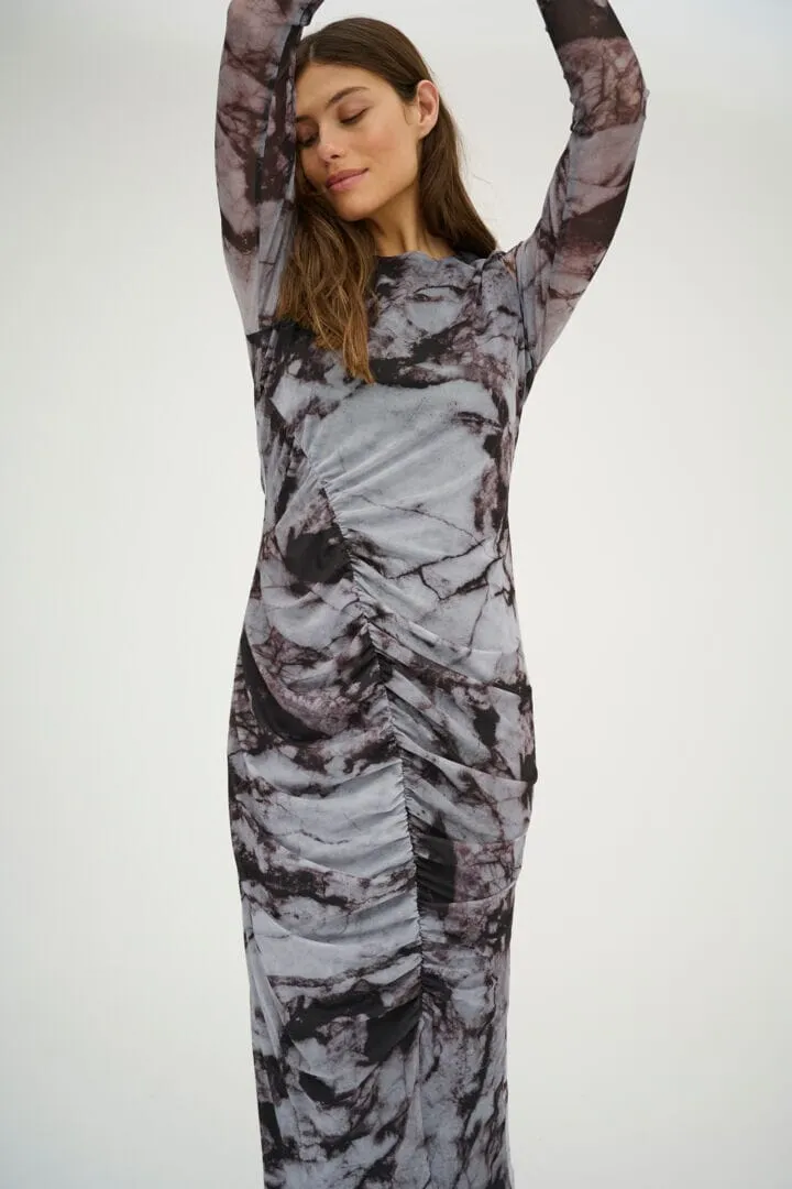 MESH RUCHED LONG TYE DYE  DRESS