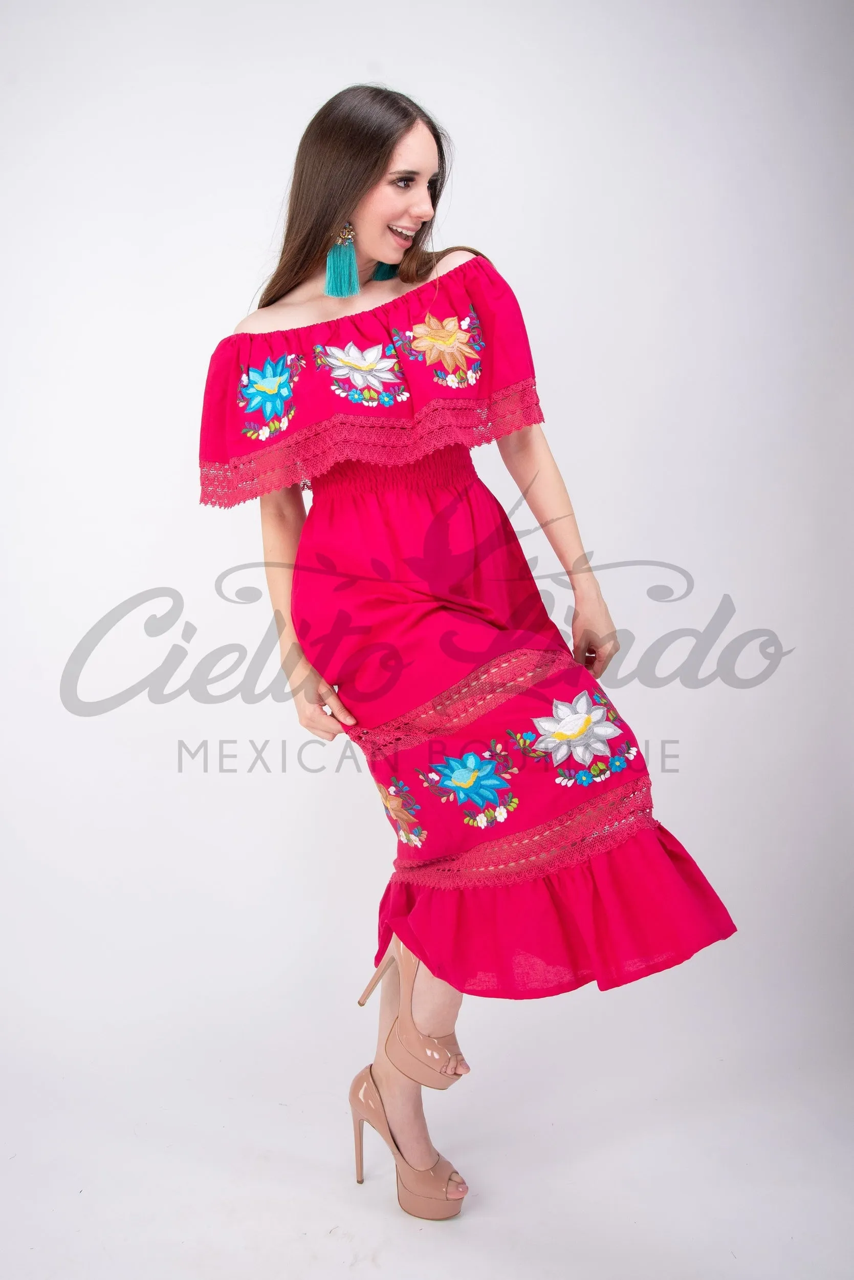 Mexican Luxury Fino Campesino Maxi Dress Hot Pink