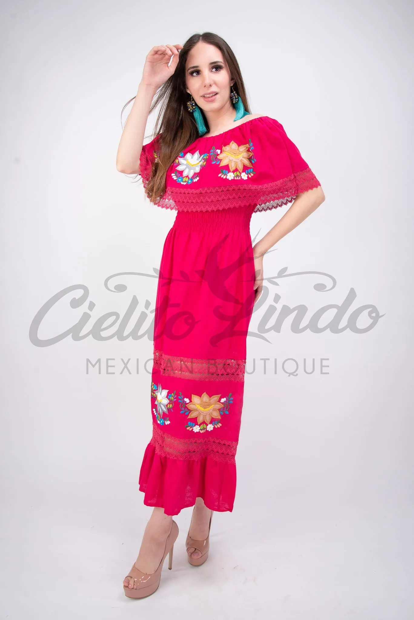 Mexican Luxury Fino Campesino Maxi Dress Hot Pink