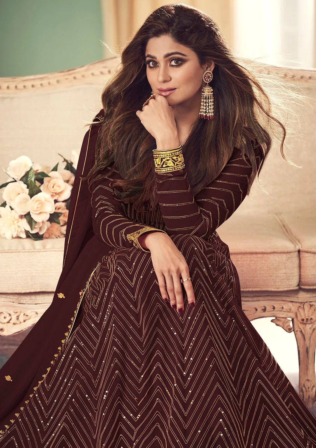 Mocha Brown Belt Style Anarkali Featuring Shamita Shetty