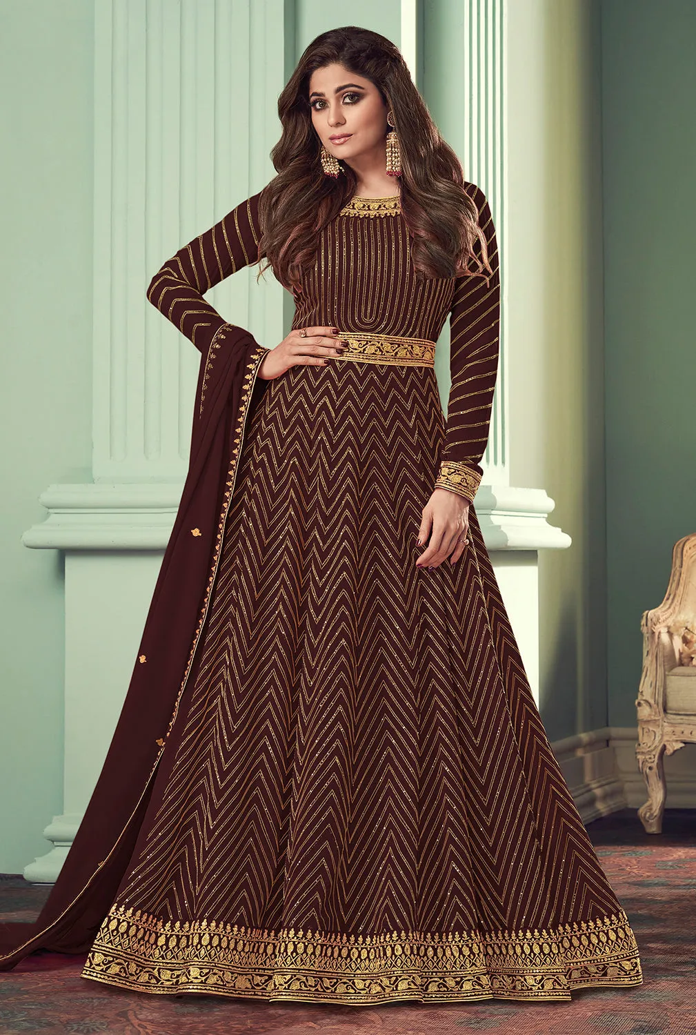 Mocha Brown Belt Style Anarkali Featuring Shamita Shetty