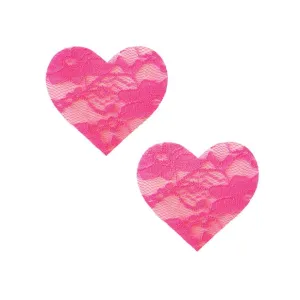 Neva Nude - Neon Blacklight Bubble Gum Pink Lace I Heart U Pasties Nipple Covers O/S (Pink)