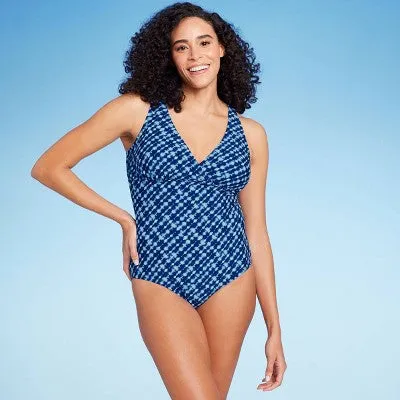 New - Lands' End Women's UPF 50 Full Coverage Tummy Control V-Neck One Piece Swimsuit - Blue XS