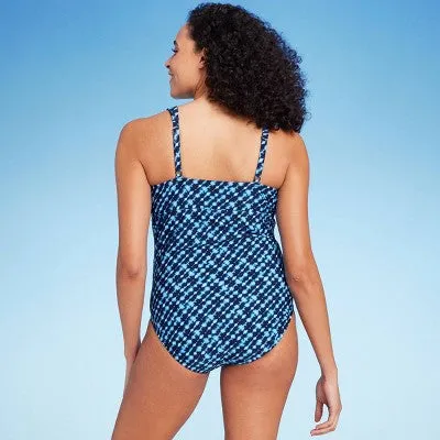 New - Lands' End Women's UPF 50 Full Coverage Tummy Control V-Neck One Piece Swimsuit - Blue XS