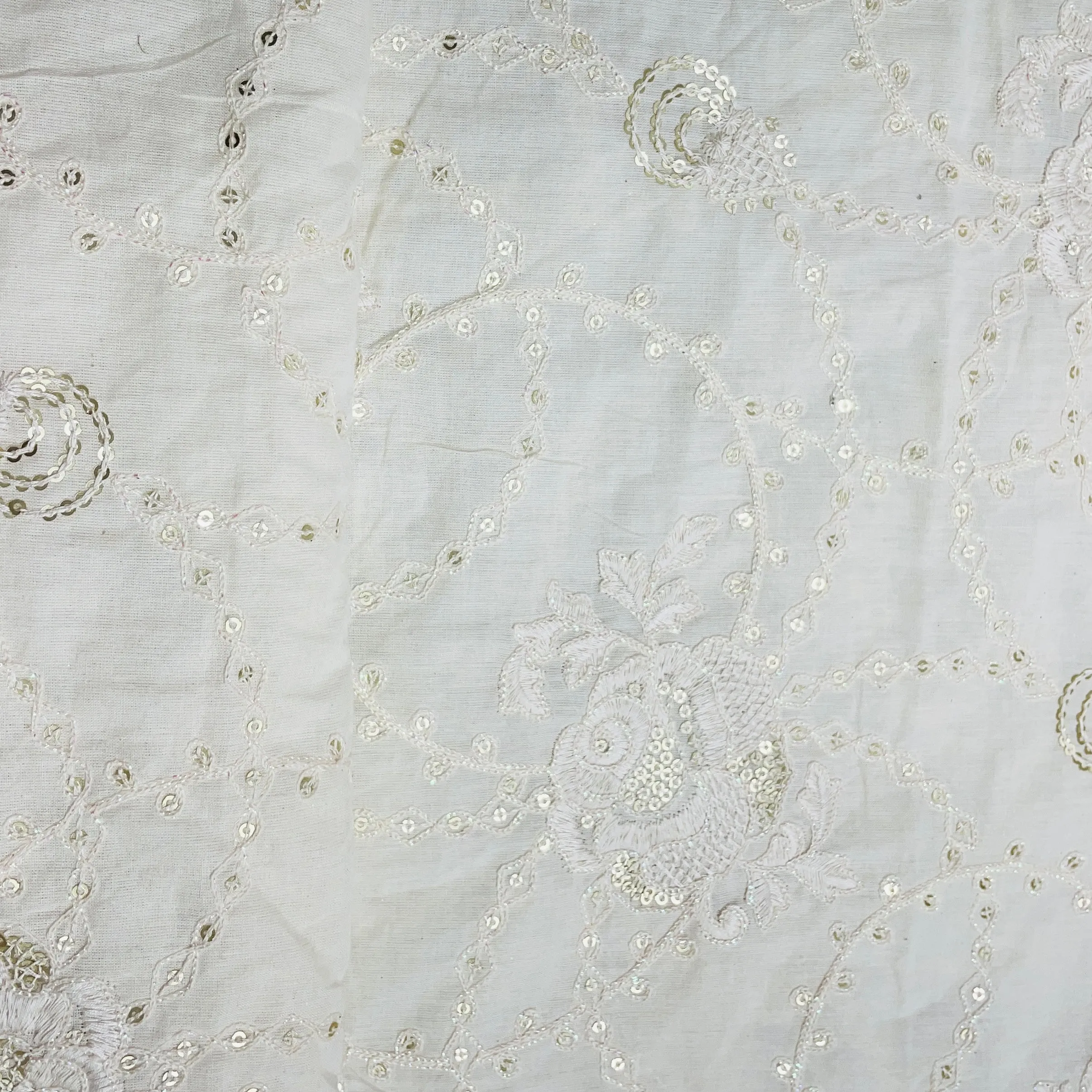 Off White Floral Sequins Embroidery Dyeable Cotton Fabric