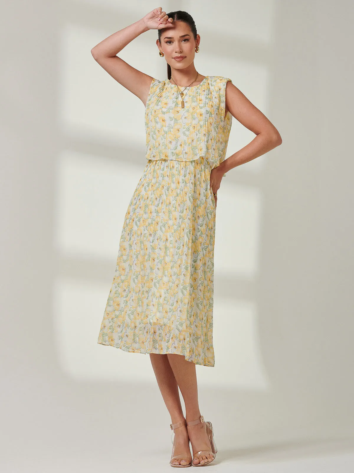 Olena Pleated Overlay Chiffon Midi Dress, Yellow Multi