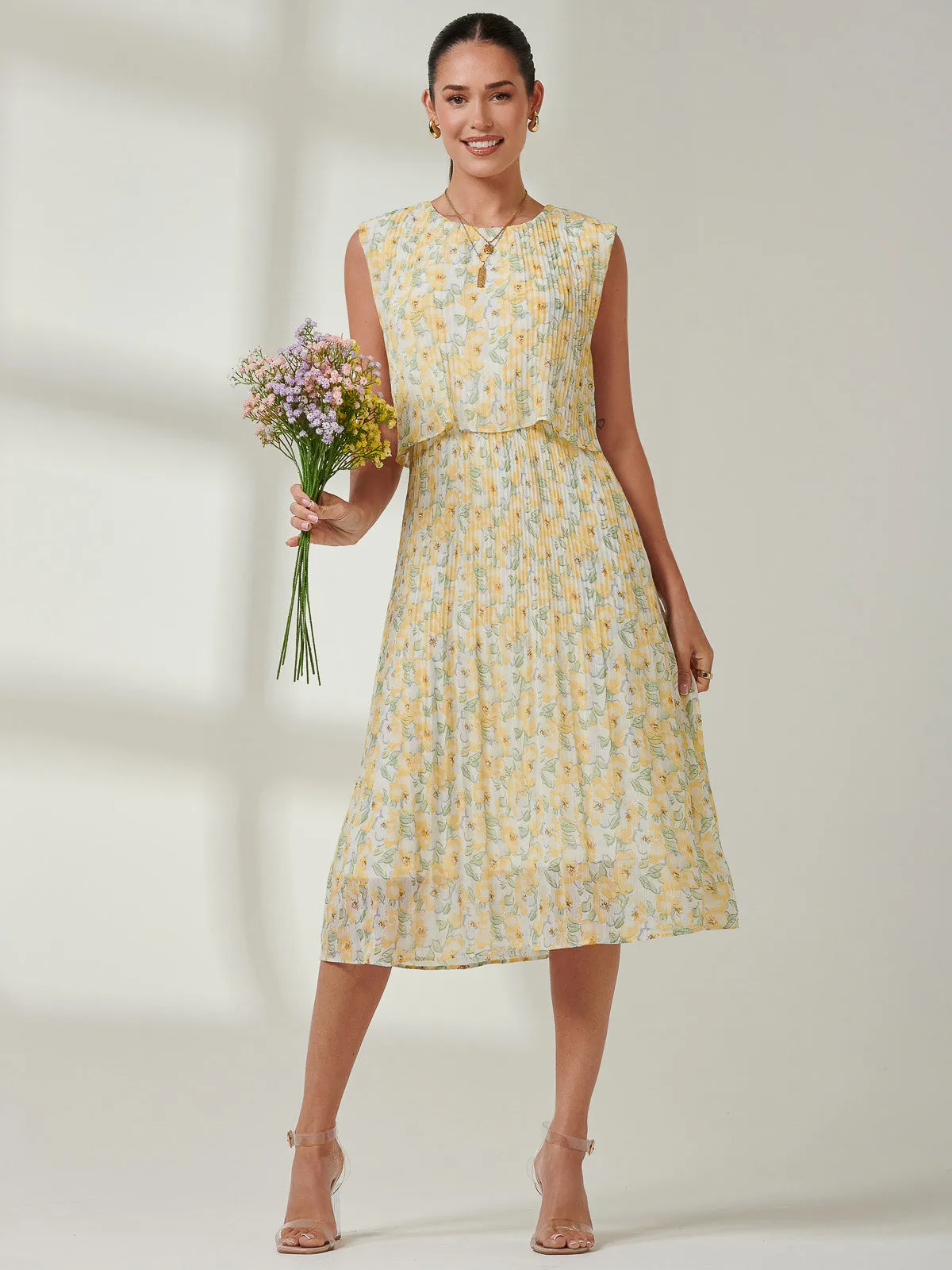 Olena Pleated Overlay Chiffon Midi Dress, Yellow Multi