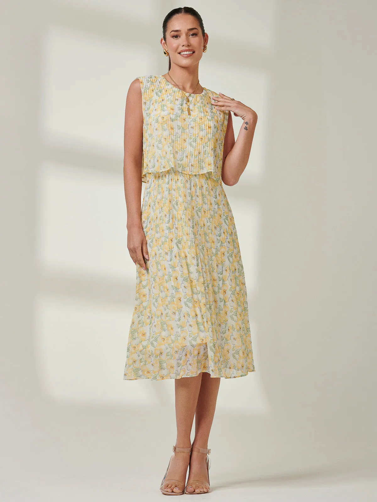 Olena Pleated Overlay Chiffon Midi Dress, Yellow Multi