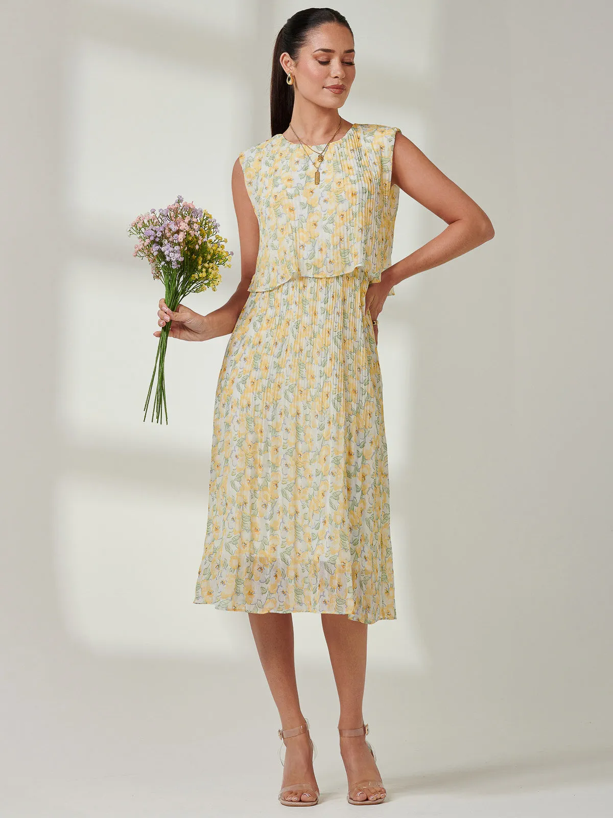 Olena Pleated Overlay Chiffon Midi Dress, Yellow Multi