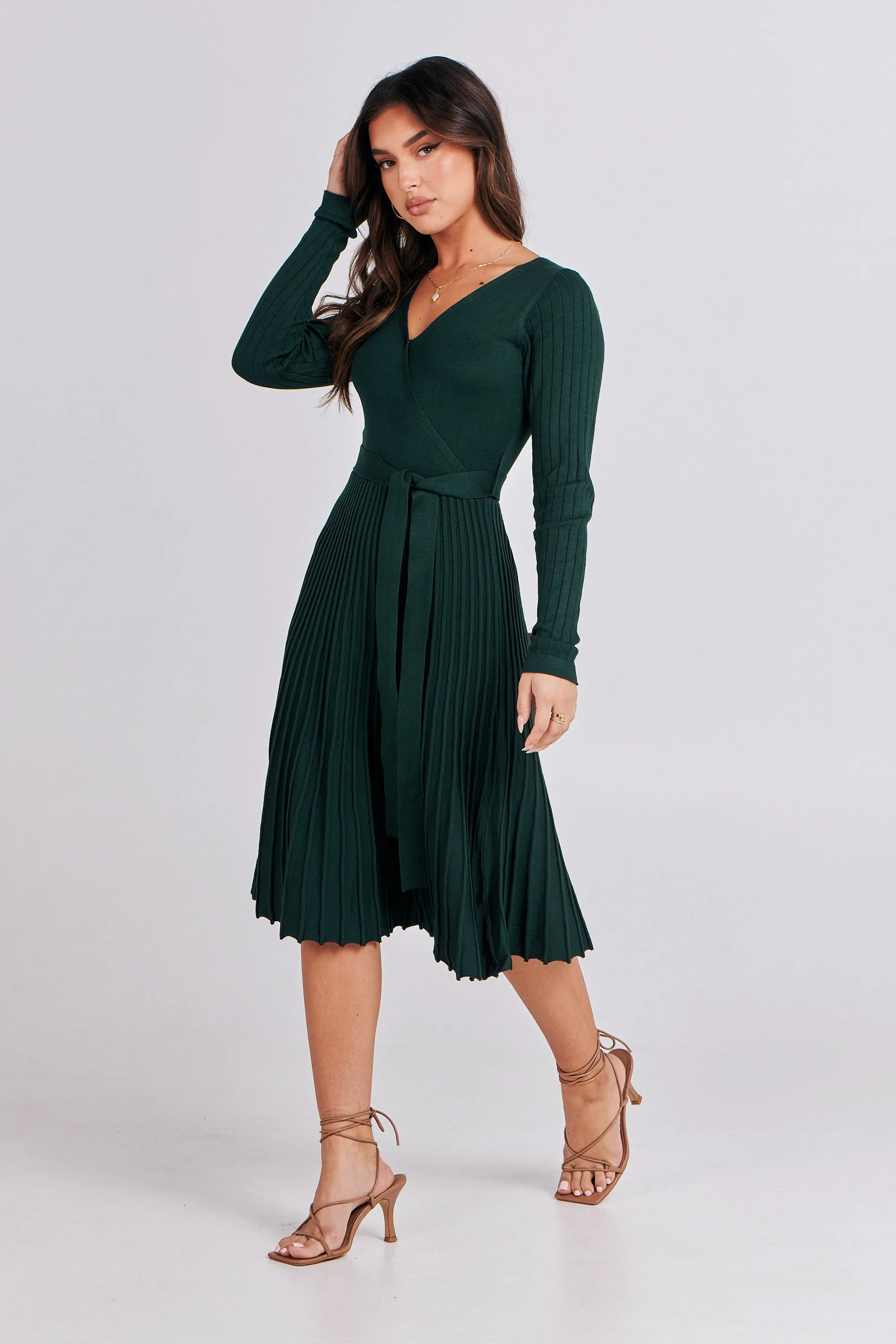 Parker Emerald Long Sleeve Pleated Knit Midi Dress