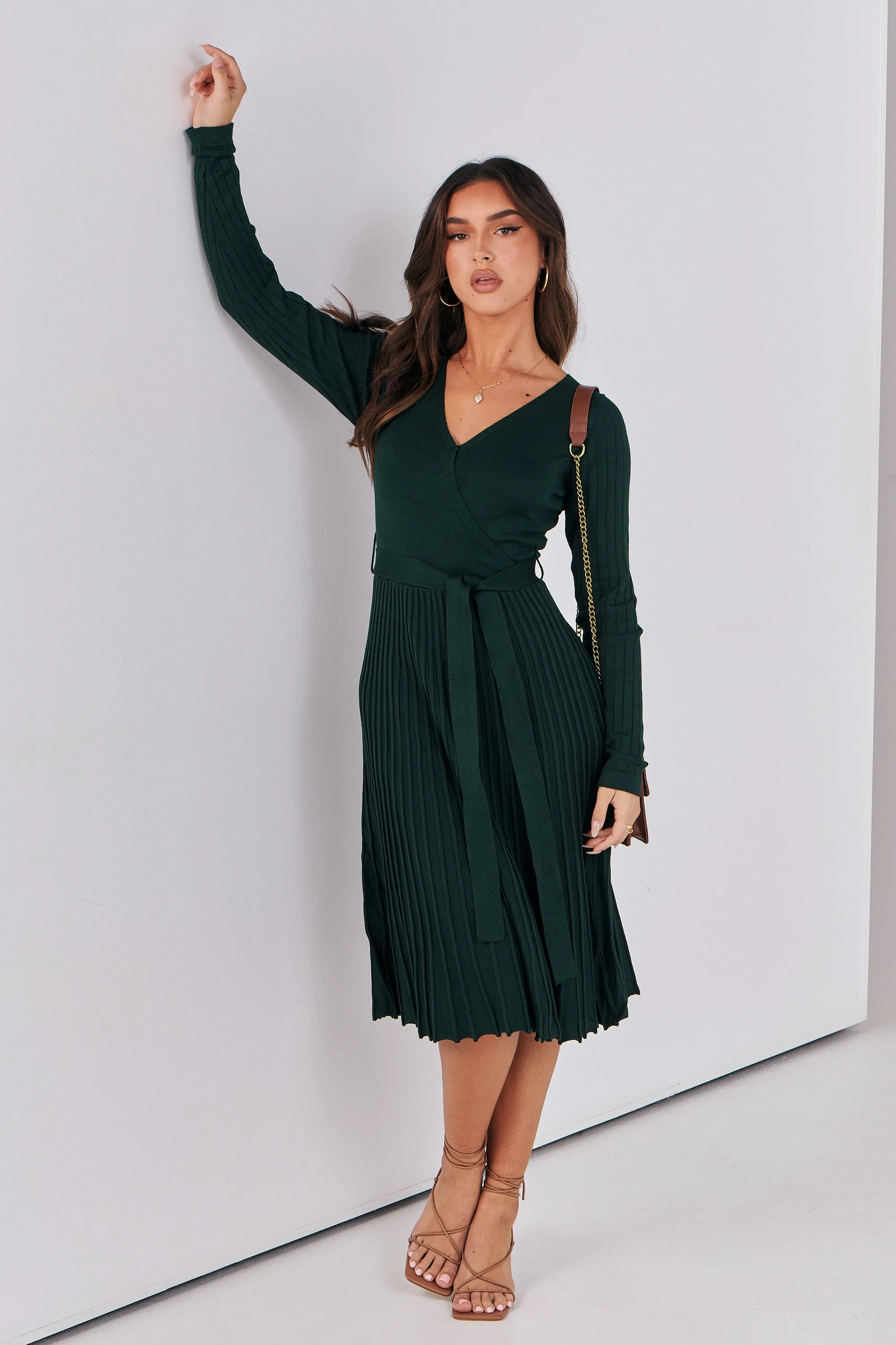 Parker Emerald Long Sleeve Pleated Knit Midi Dress