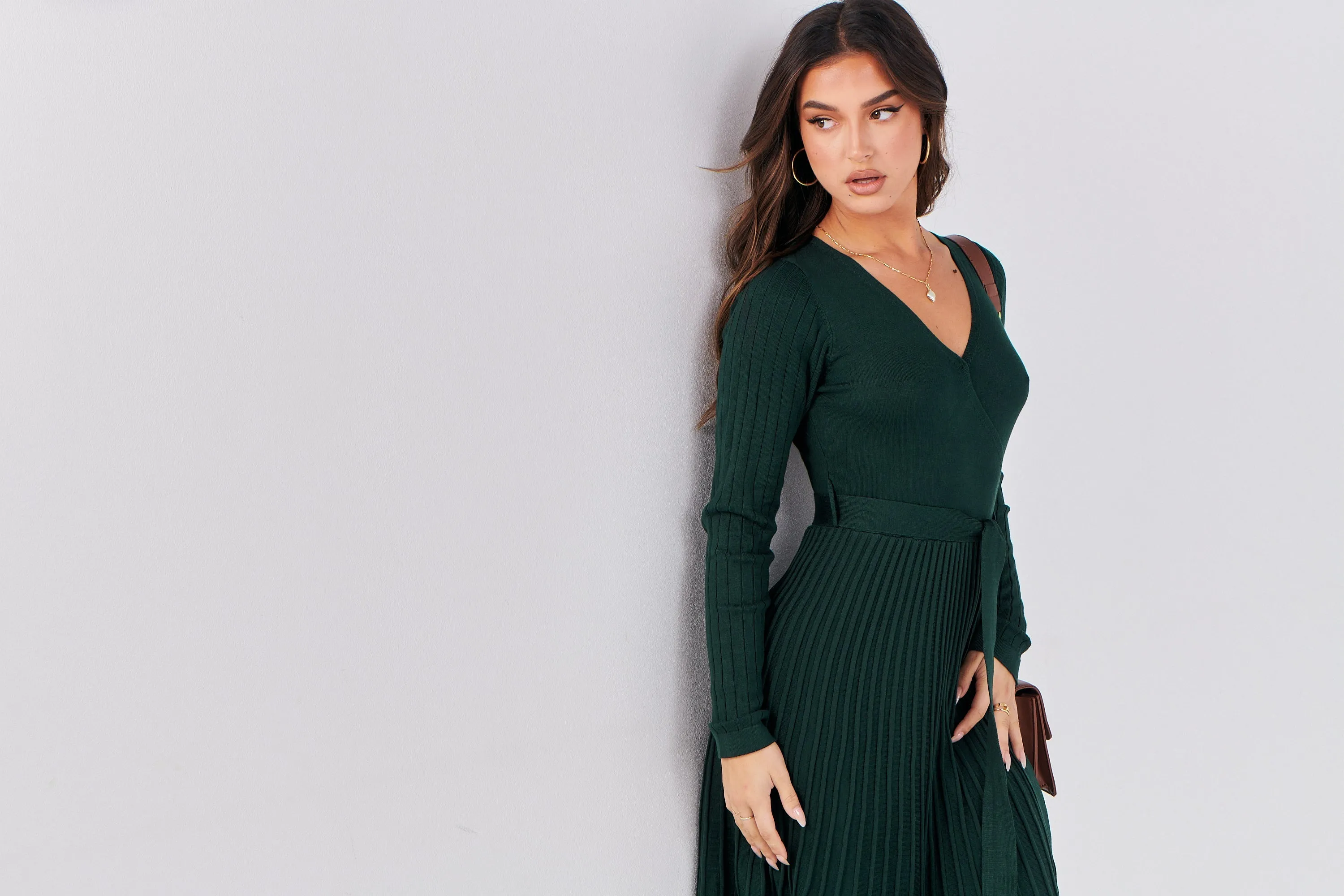 Parker Emerald Long Sleeve Pleated Knit Midi Dress