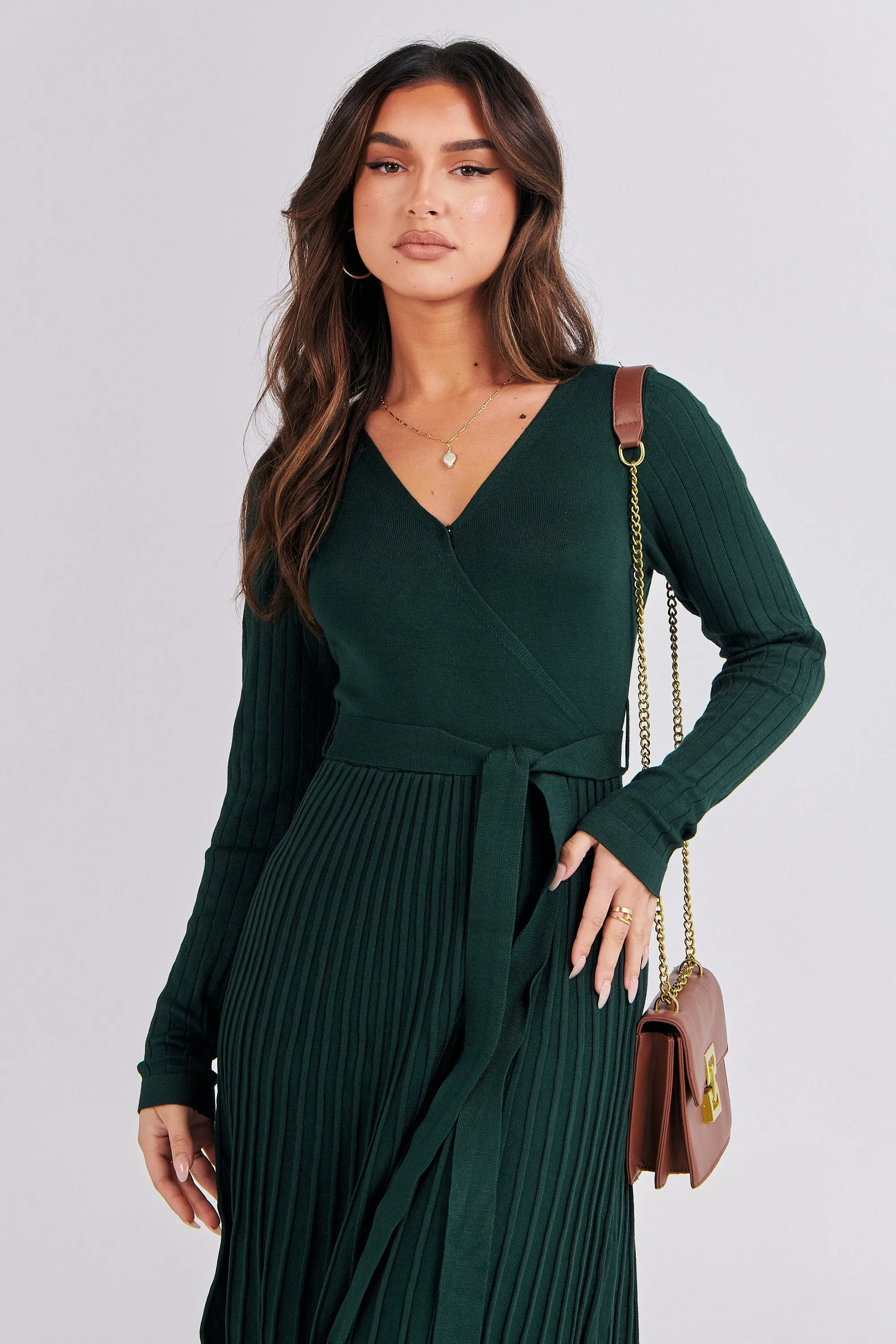 Parker Emerald Long Sleeve Pleated Knit Midi Dress