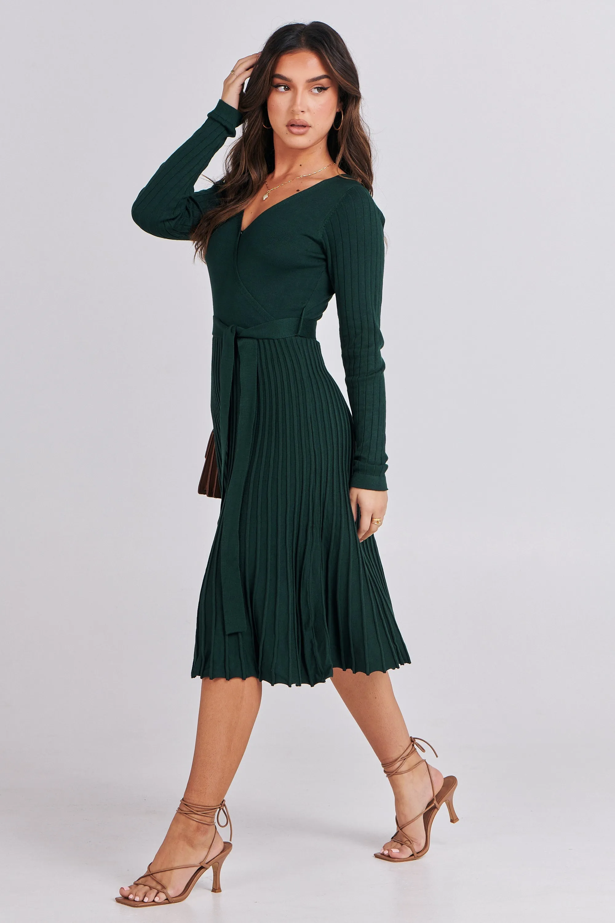 Parker Emerald Long Sleeve Pleated Knit Midi Dress