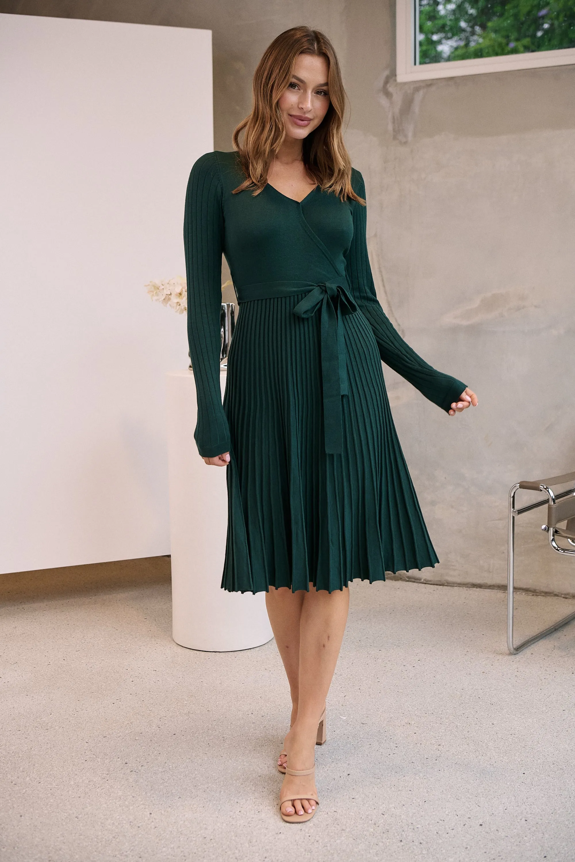 Parker Emerald Long Sleeve Pleated Knit Midi Dress