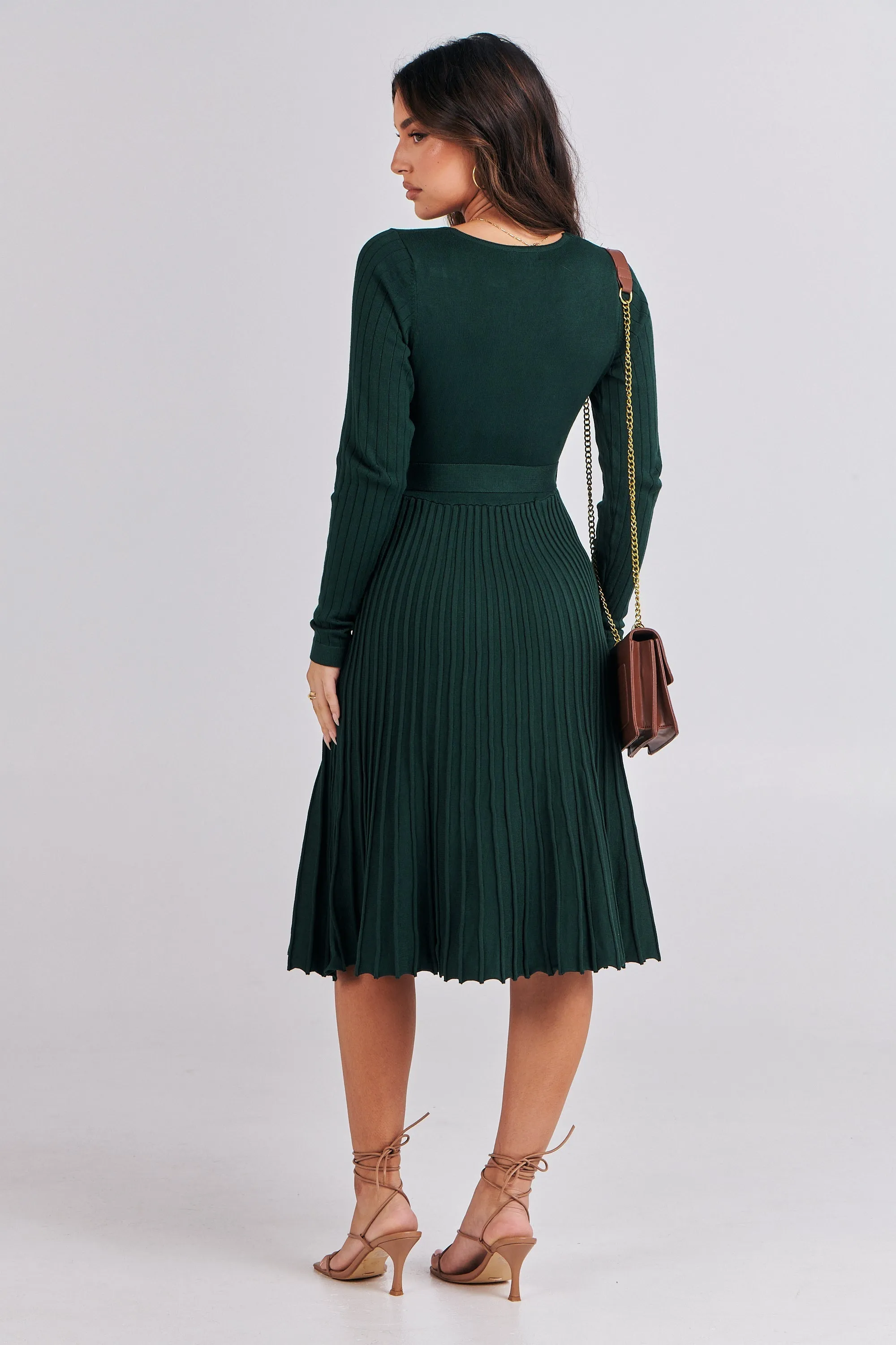 Parker Emerald Long Sleeve Pleated Knit Midi Dress