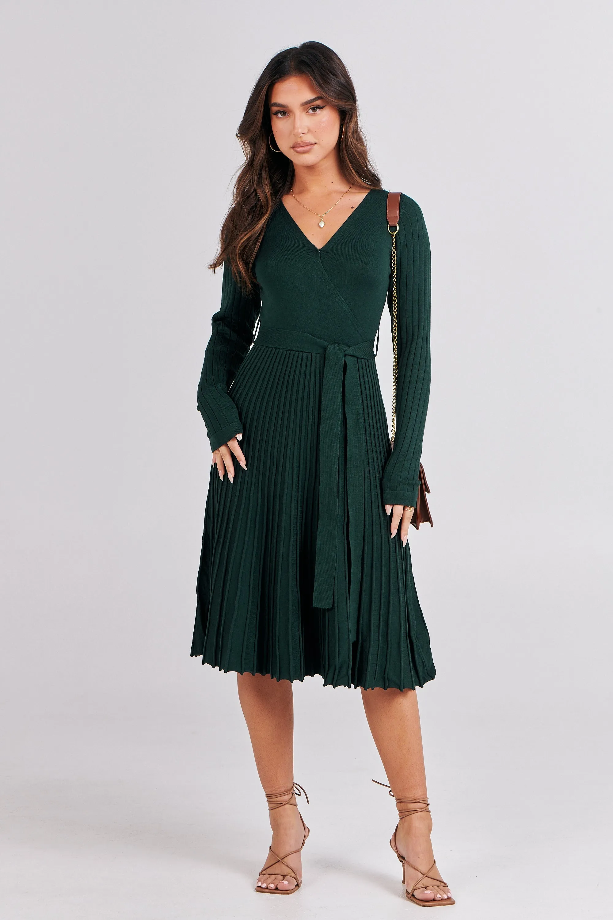 Parker Emerald Long Sleeve Pleated Knit Midi Dress