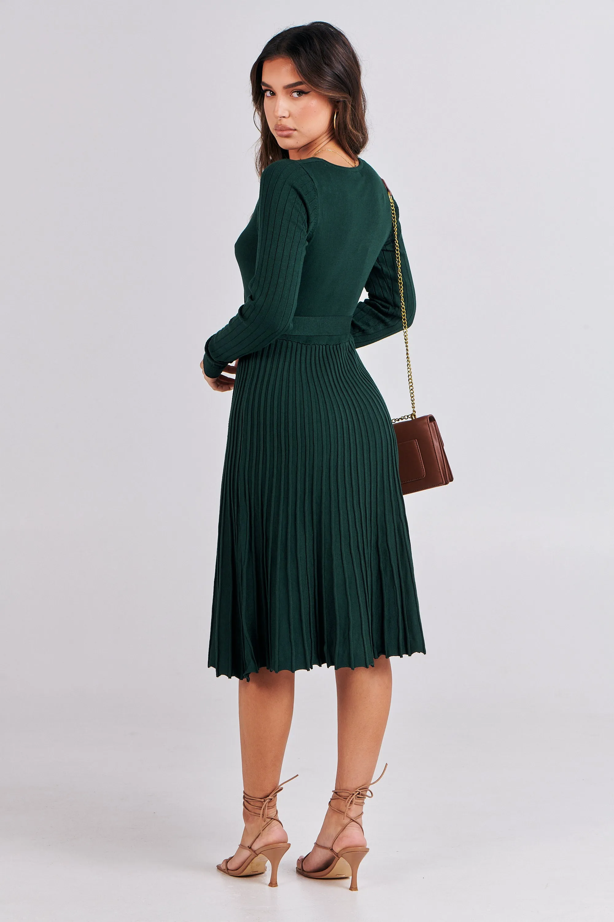 Parker Emerald Long Sleeve Pleated Knit Midi Dress