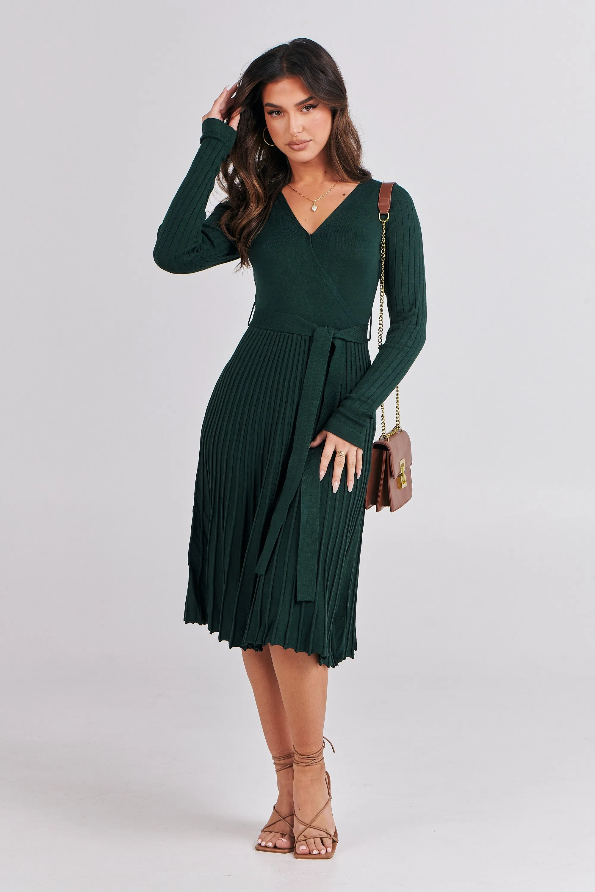 Parker Emerald Long Sleeve Pleated Knit Midi Dress