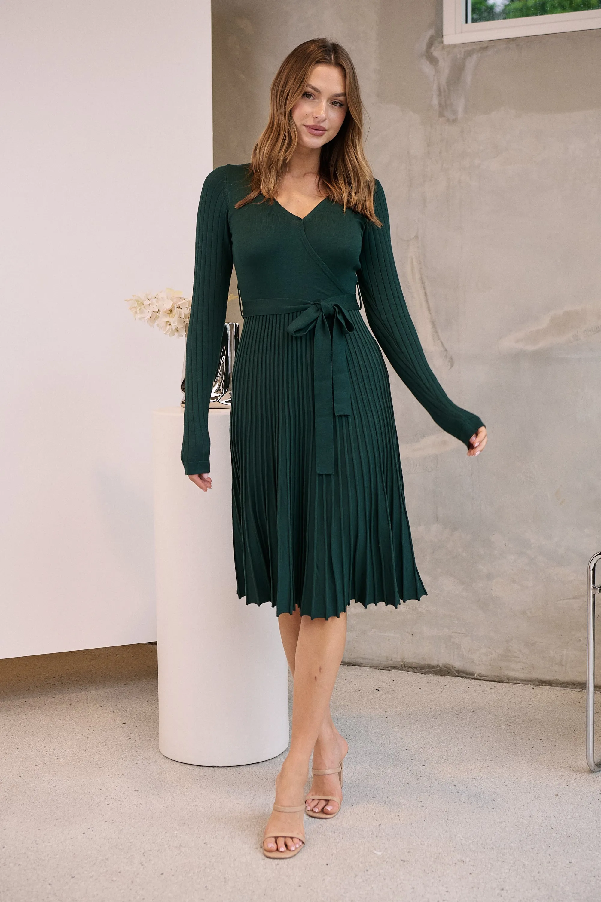 Parker Emerald Long Sleeve Pleated Knit Midi Dress