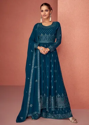 Peacock Blue Anarkali Style Georgette Embellished Palazzo Suit