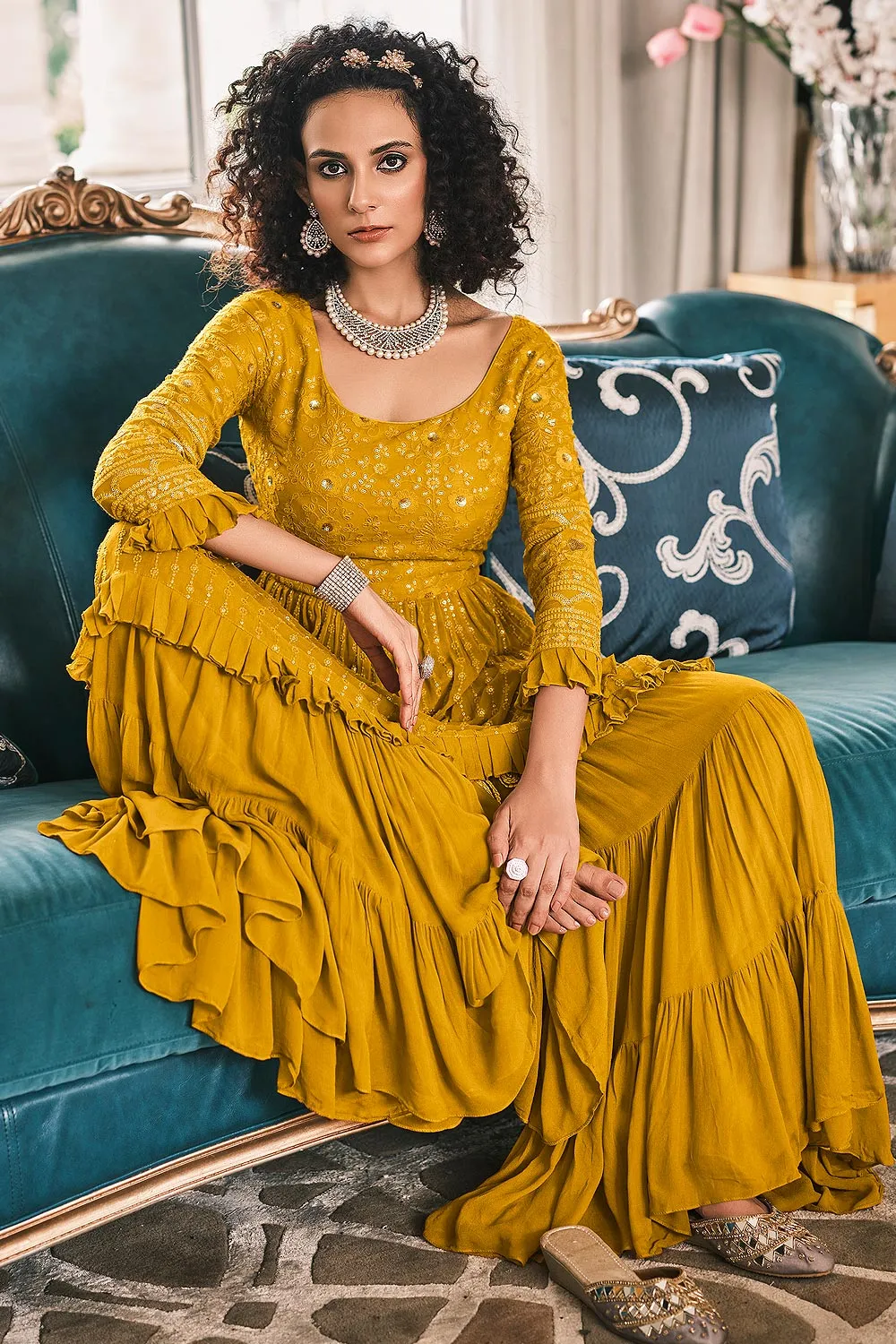 Peplum Style Mustard Yellow Viscose Palazzo Suit