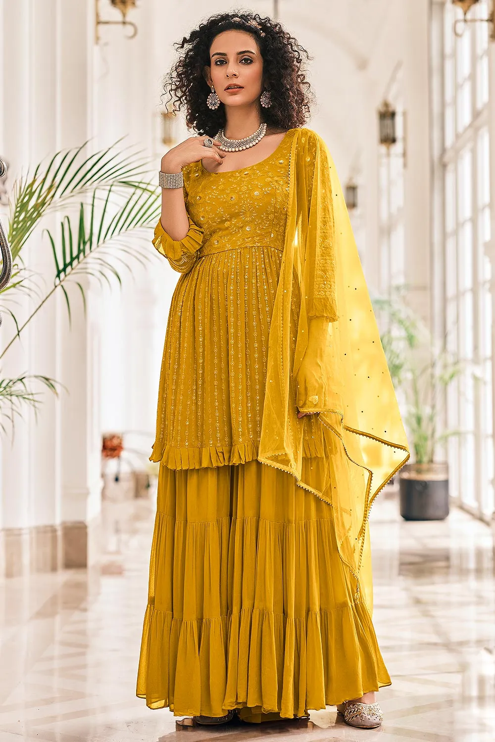 Peplum Style Mustard Yellow Viscose Palazzo Suit